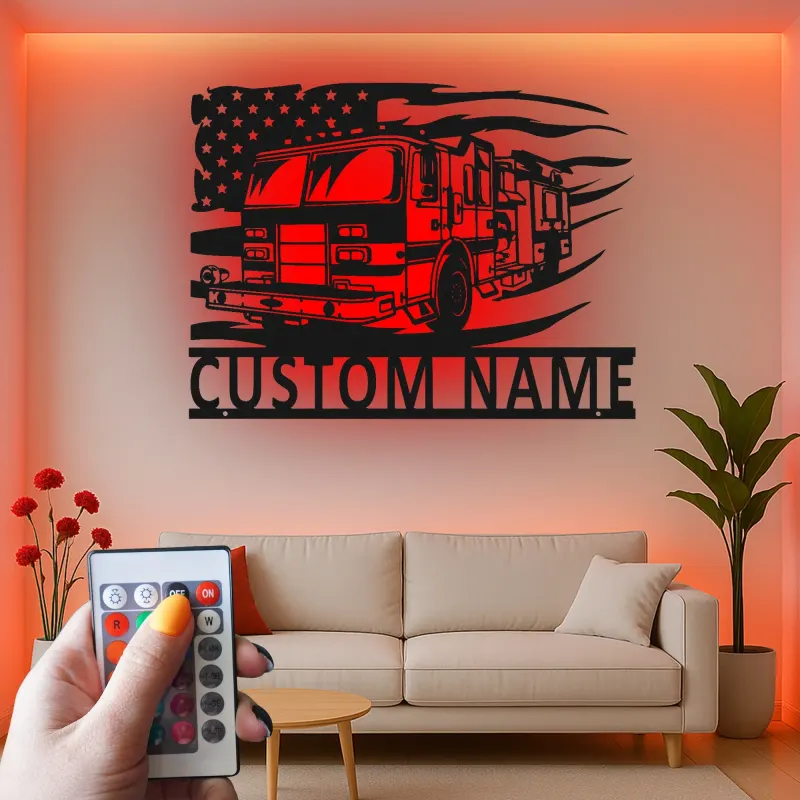 Insegna in Metallo Personalizzata per Vigile del Fuoco | Arte Murale LED Camion dei Pompieri | Regalo Personalizzato per Pompiere | Decorazione Patriottica per Stazione dei Pompieri