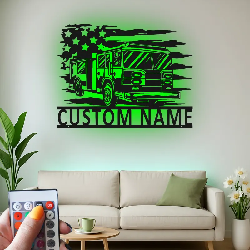 Cartel LED de bombero personalizado | Arte mural de metal de camión de bomberos personalizado | Regalo para primer respondedor | Decoración de pared de estación de bomberos