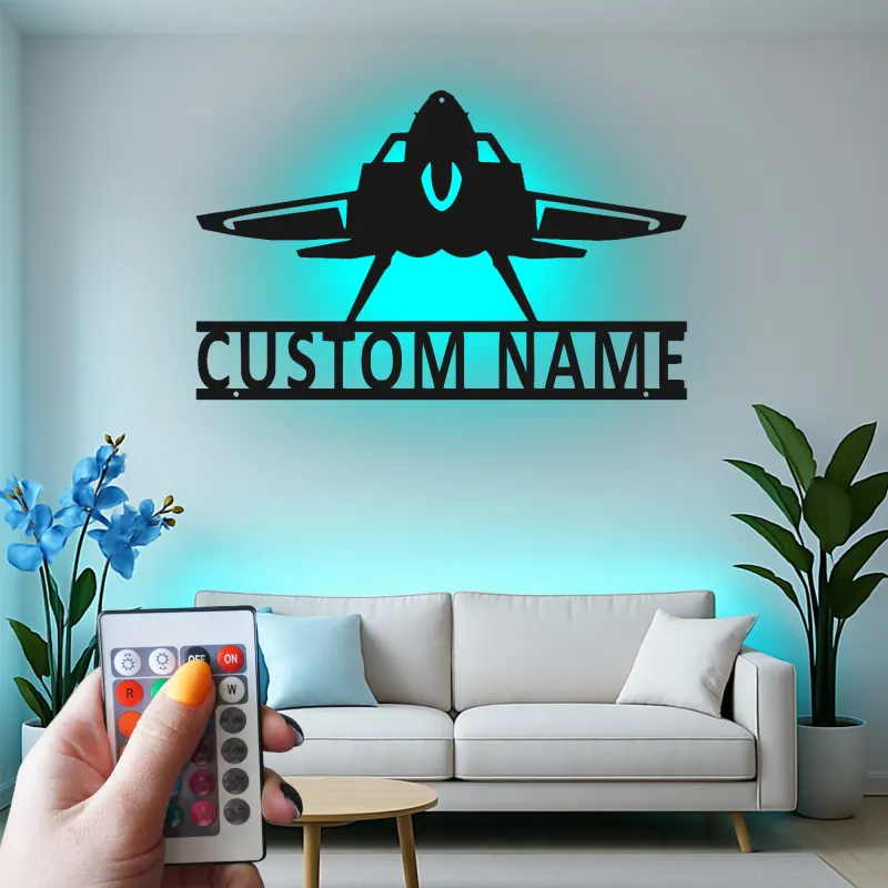 Personalized Fighter Jet Metal Sign | LED Backlit Wall Art | Custom Pilot Name Decor for Man Cave | Aviation Gift