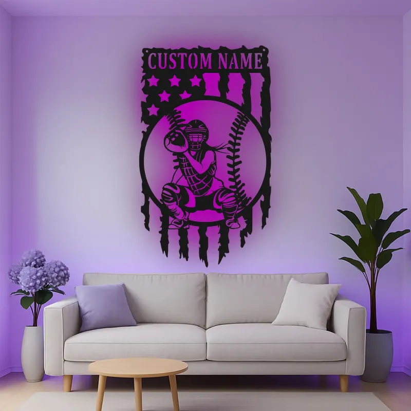 Insegna in metallo personalizzata con luce LED per catcher di baseball - Regalo sportivo personalizzato per atleti e decorazione per sale giochi