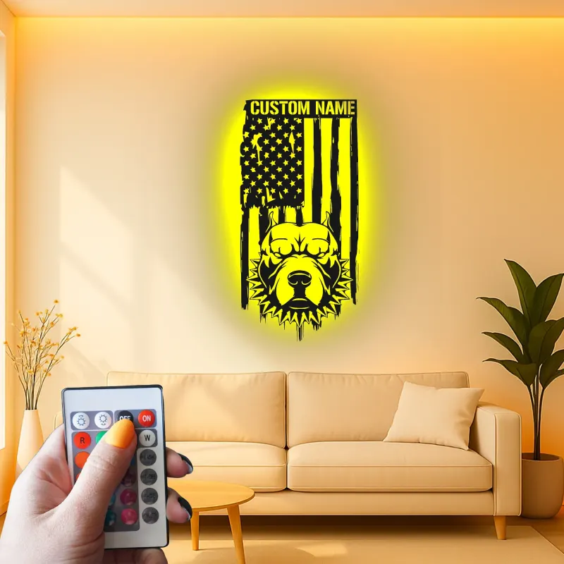 Custom American Bully LED Metal Sign | Patriotic USA Flag Wall Art | Personalized Dog Lover Gift | Illuminated Man Cave Decor