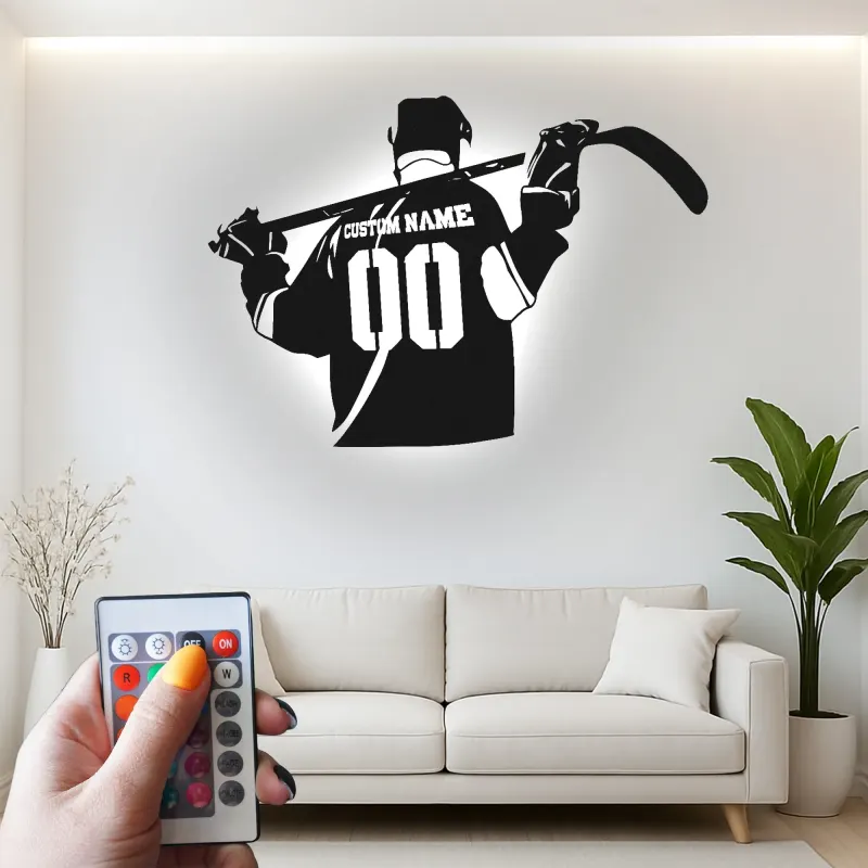 Cartel LED personalizado de jugador de hockey | Decoración mural de metal a medida | Decoración para habitación de aficionados al deporte y regalo para deportistas