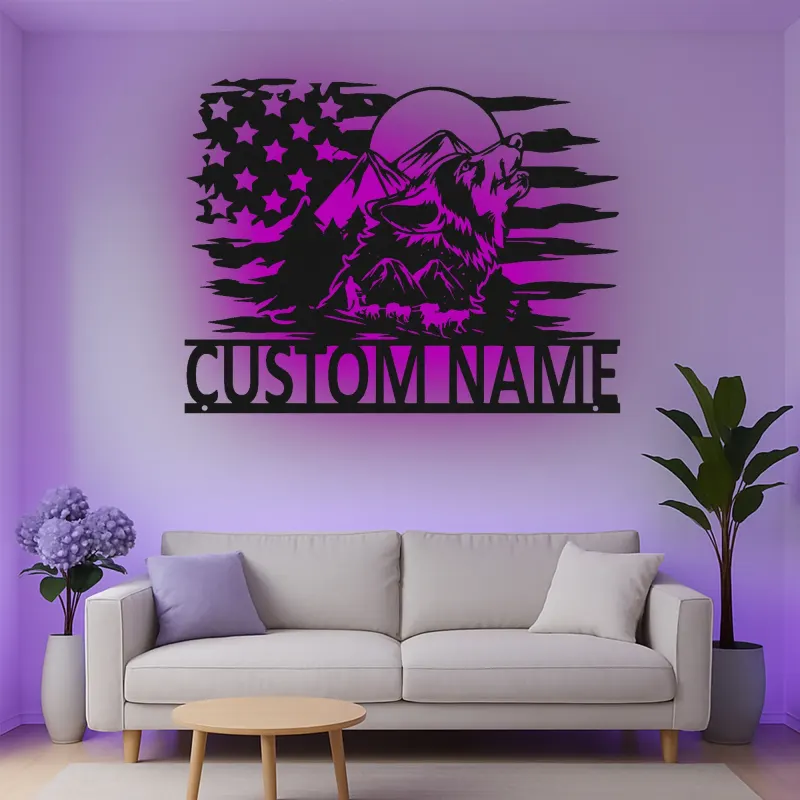 Custom Wolf Howling with Mountains Led Light Metal Wall Art Personalized Gift for Nature Lovers Rustic Cabin Decor