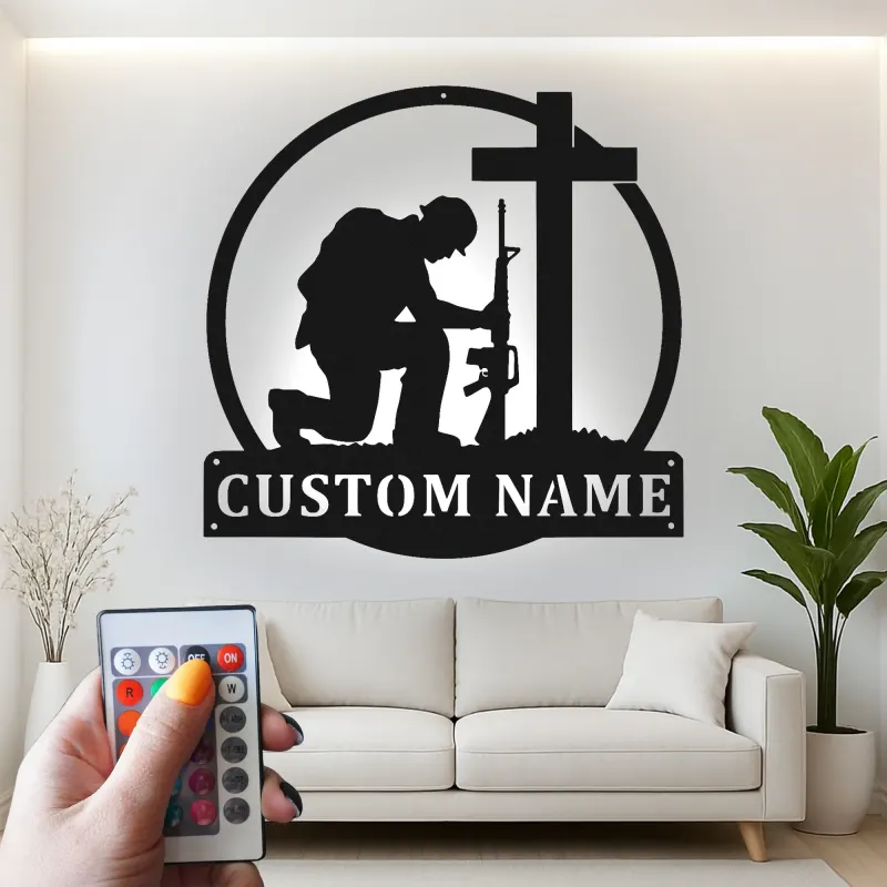 Kneeling Soldier Memorial Sign | Personalized LED Metal Wall Art | Custom Military Tribute Gift for Veterans