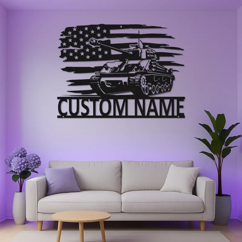 Personalized Tank Metal Art | LED American Flag Sign | Custom Military Decor for Veteran | Man Cave Wall Art