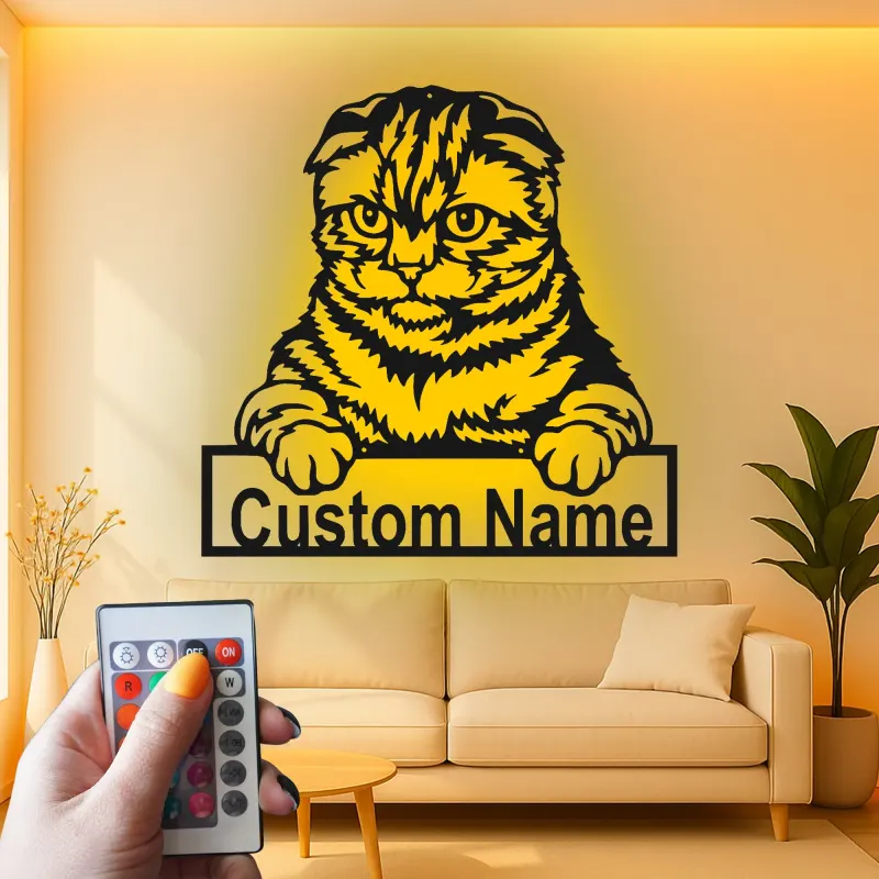 Personalisierte Scottish Fold Katze LED-beleuchtete Metall-Wandkunst Geschenk für Katzenliebhaber