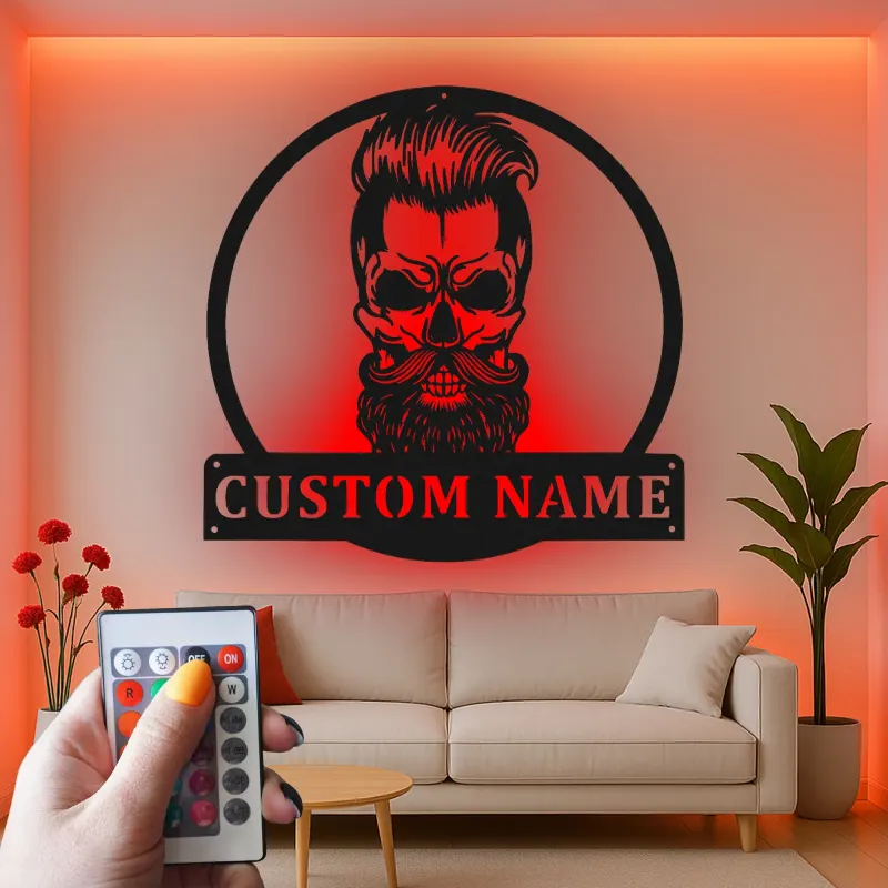Bearded Skull LED Metal Sign | Personalized Man Cave Wall Art | Custom Name Sign for Barbershop, Garage, or Studio Decor
