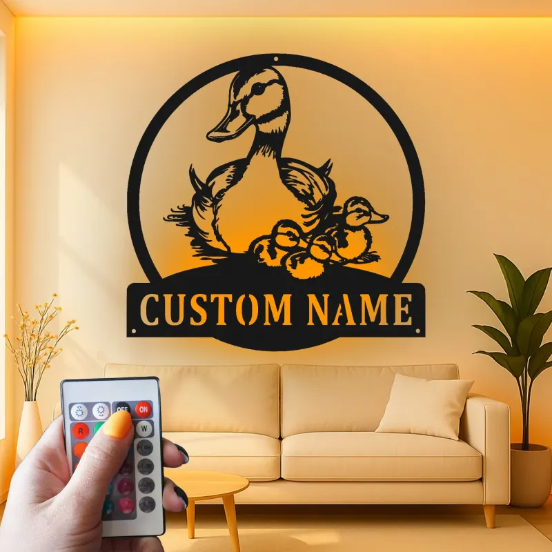 Cartel de metal personalizado con familia de patos y luz LED, regalo personalizado para amantes de la naturaleza, decoración para guardería o salón