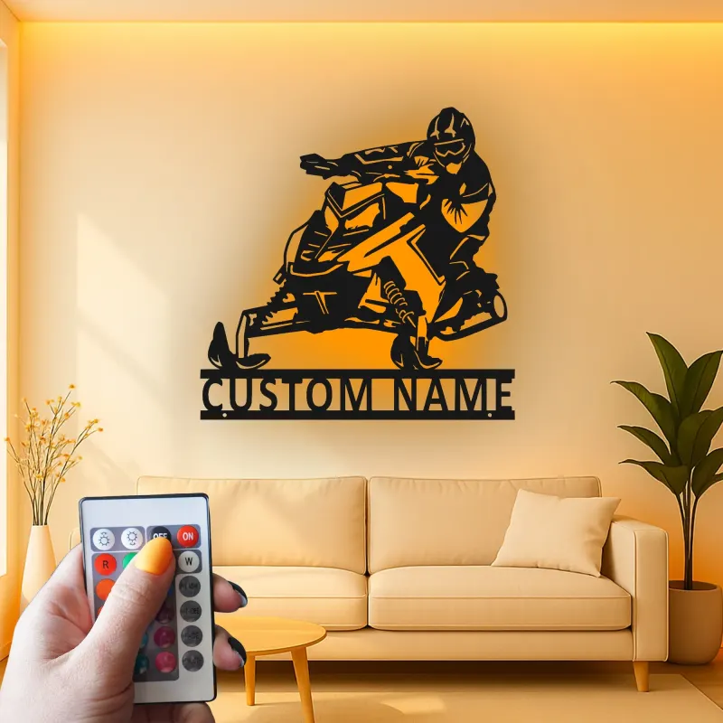 Arte da Parete in Metallo LED per Motoslitta Personalizzata | Insegna con Nome per Piloti per Man Cave | Regalo Decorativo per Sport Invernali