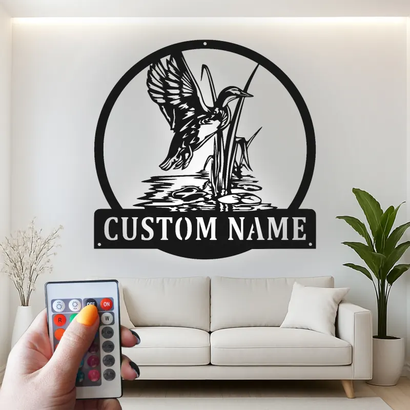 Personalisierte LED-Metall-Wandkunst mit Entenjagd-Motiv – Geschenk für Jäger, rustikale Hüttendeko