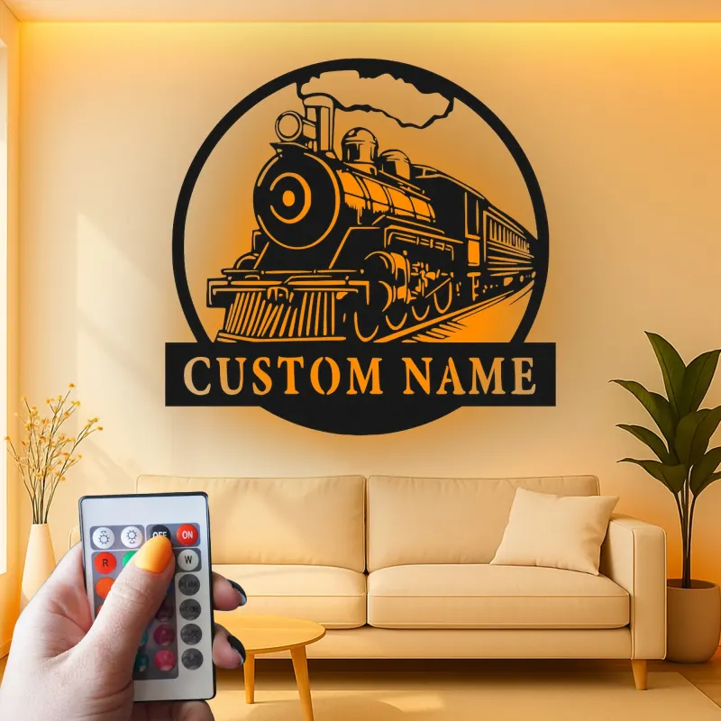 Décoration murale en métal personnalisée de train à vapeur avec rétroéclairage LED - Cadeau pour passionnés de trains, décoration pour man cave ou bureau