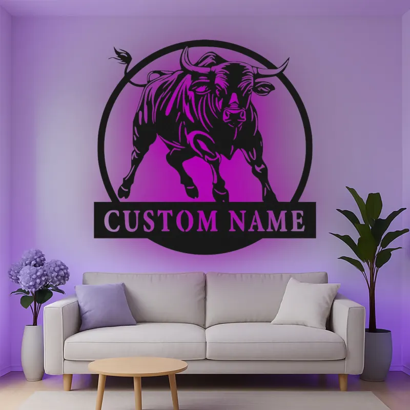 Insegna in metallo personalizzata con luce LED a forma di toro, regalo per lui, decorazione rustica per il ranch
