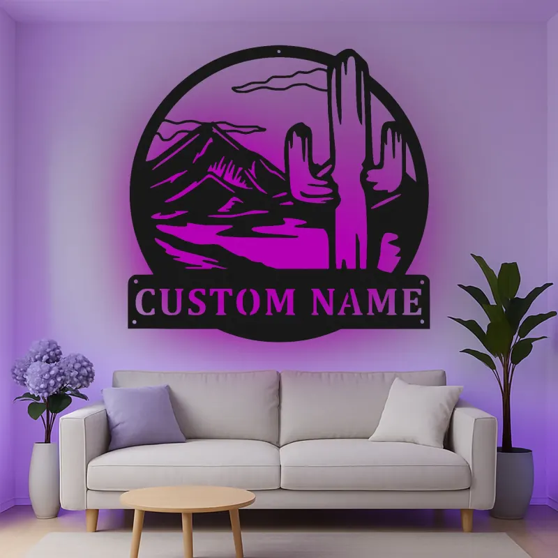 Custom Desert Cactus Led Light Metal Wall Art Personalized Southwest Gift Living Room or Patio Decor