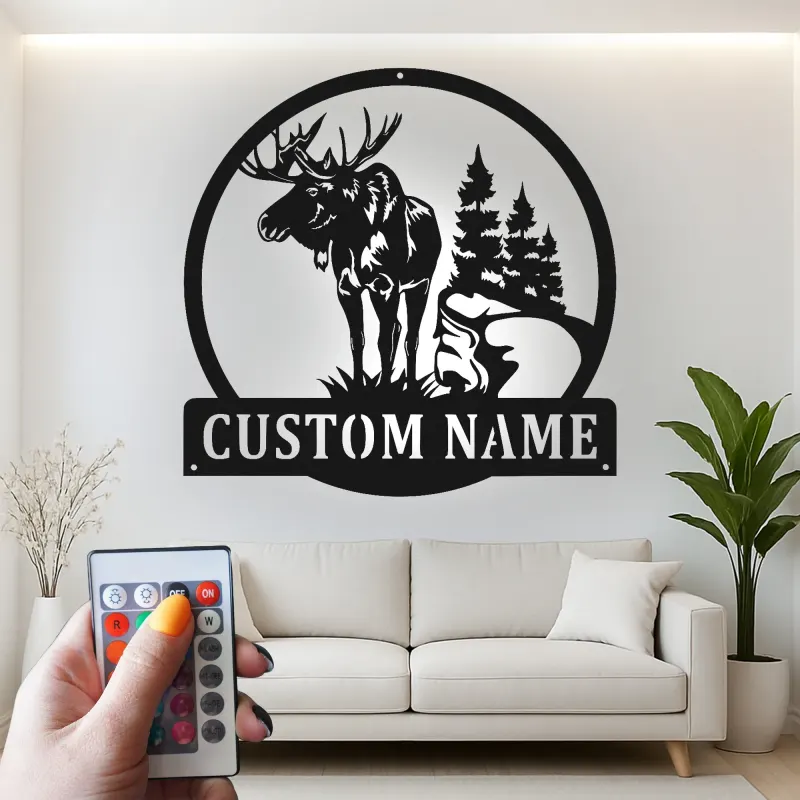 Panneau en métal personnalisé avec élan et lumières LED | Art mural personnalisé pour cabane | Décoration rustique de forêt et de faune | Cadeau pour chalet de chasseur