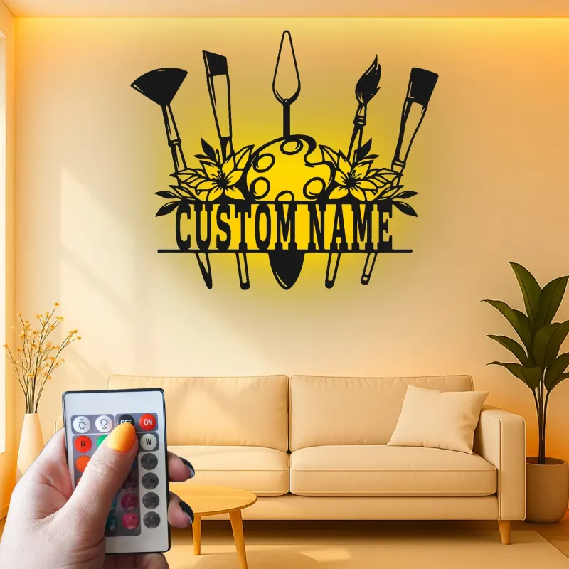 Insegna in metallo personalizzata con luce LED a forma di tavolozza per artisti regalo personalizzato per pittori, decorazione per studio o sala d'arte