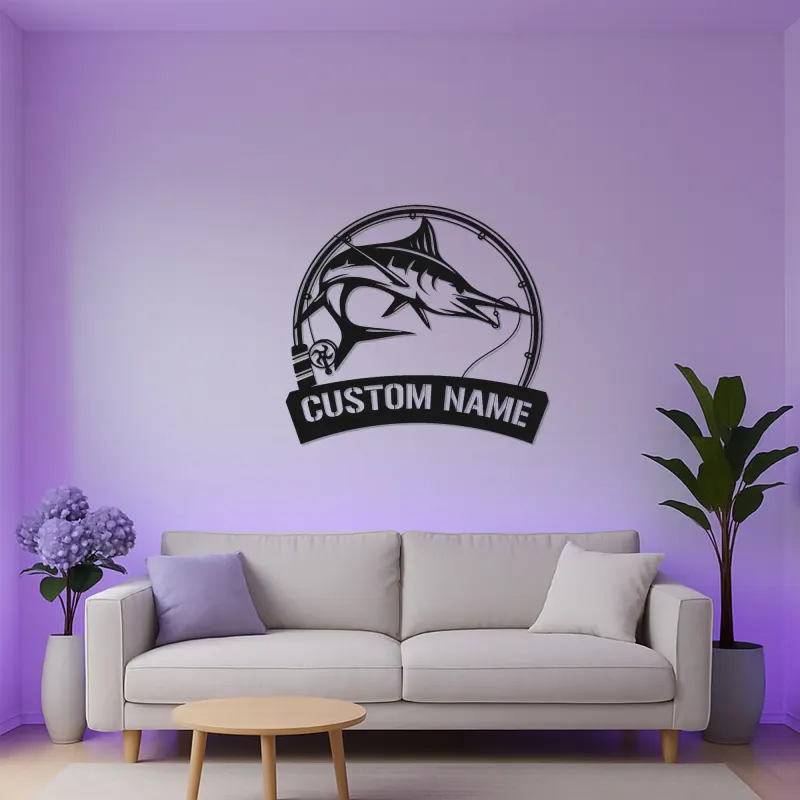 Enseigne en métal Marlin Fish personnalisée | Décor de pêche LED sur mesure | Cadeau pour pêcheur pour man cave | Art mural de maison au bord du lac