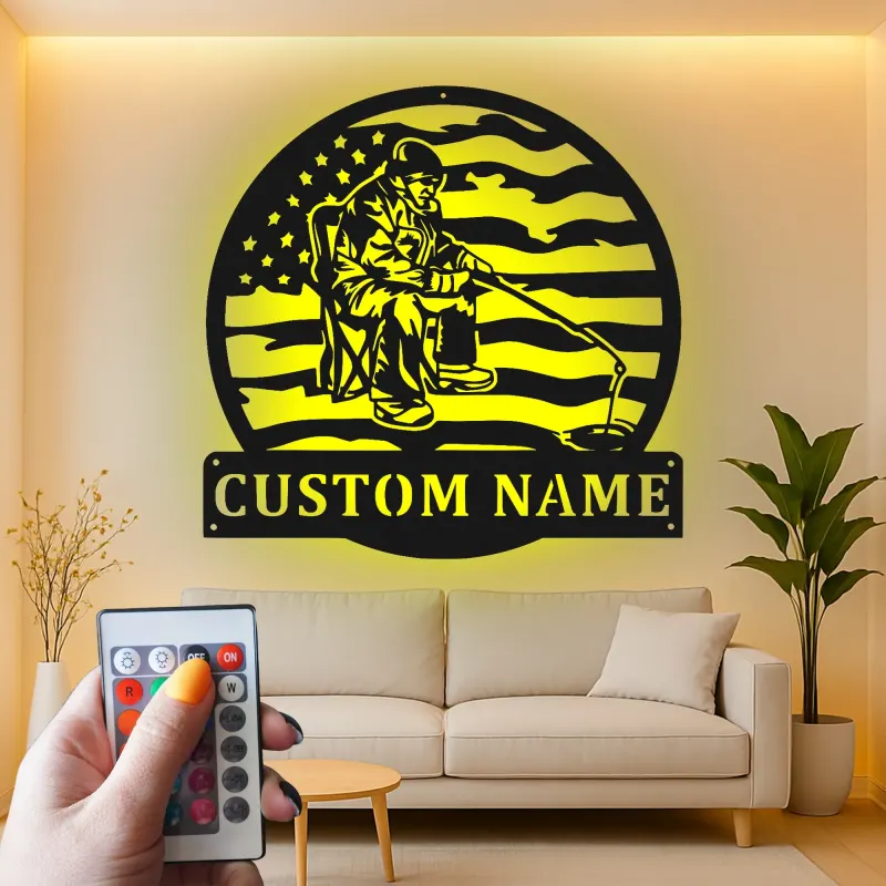 Cartel de metal personalizado de pesca con LED | Regalo para angler personalizado | Arte mural patriótico de casa de campo y cabaña