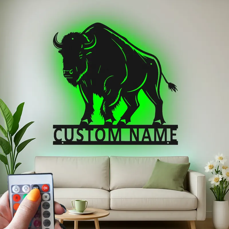 Insegna in metallo LED personalizzata con bisonte - Regalo per amanti della natura e decorazione rustica per il soggiorno