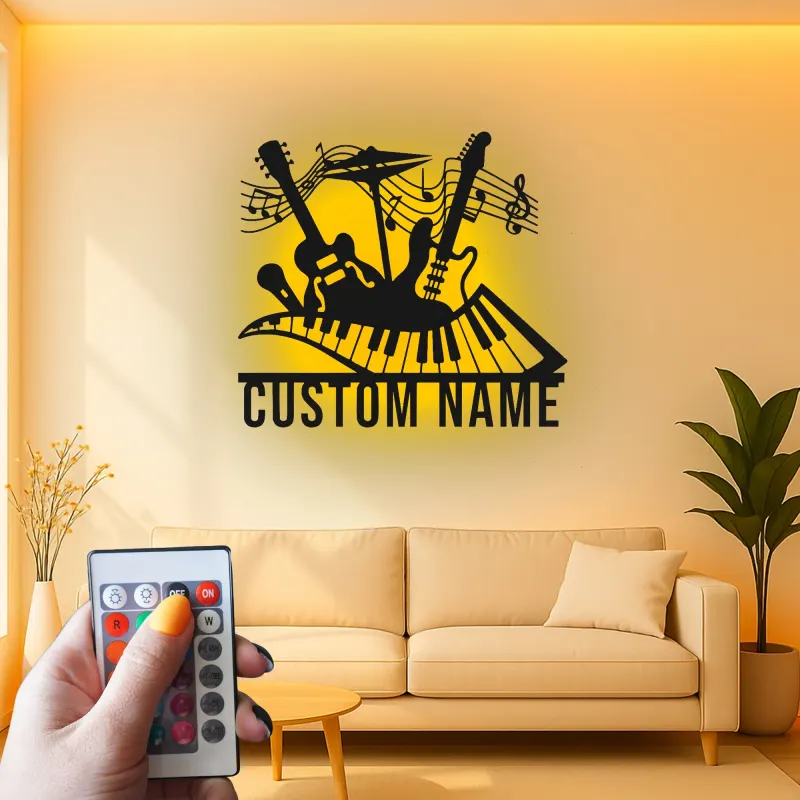 Insegna LED personalizzata con chitarra e pianoforte | Arte in metallo con note musicali | Decorazione con nome per studio musicale