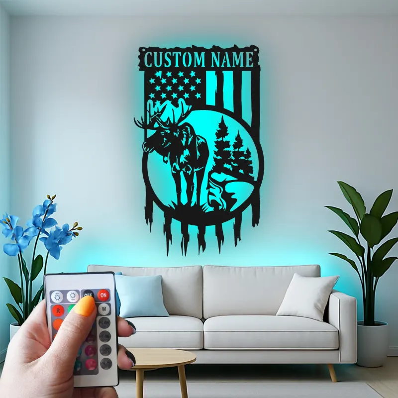 Letrero LED personalizado con alce y bandera estadounidense | Arte mural de metal personalizado | Decoración rústica para cabaña para amantes de la vida al aire libre