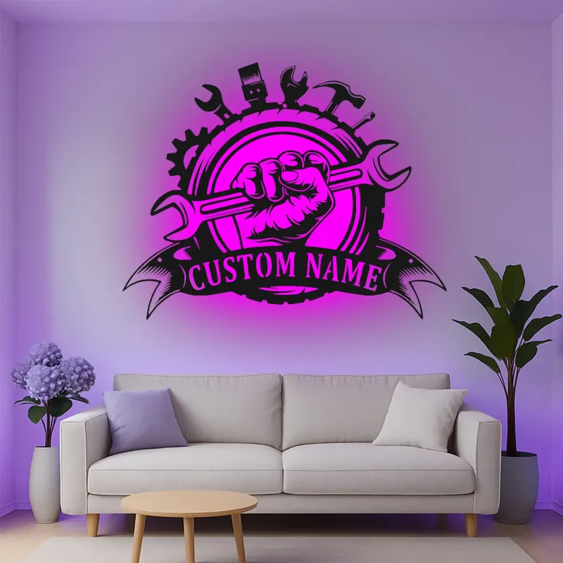Custom Mechanic Tools Led Light Metal Wall Art Personalized Gift for Him Garage Workshop Decor