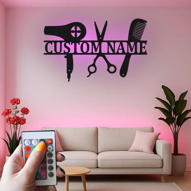 Enseigne LED pour coiffeur | Décor de salon en métal personnalisé avec nom | Cadeau personnalisé pour coiffeur et décoration murale pour studio beauté