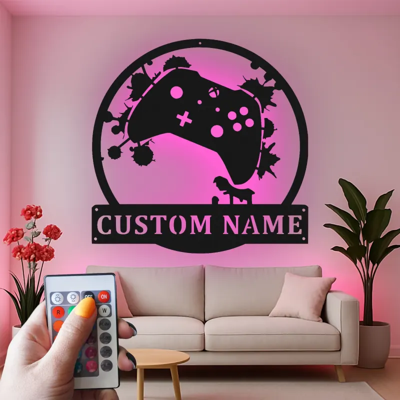 Insegna gamer personalizzata | Insegna LED in metallo personalizzata | Decorazione per sala giochi per ragazzi e uomini | Targa luminosa con controller e nome