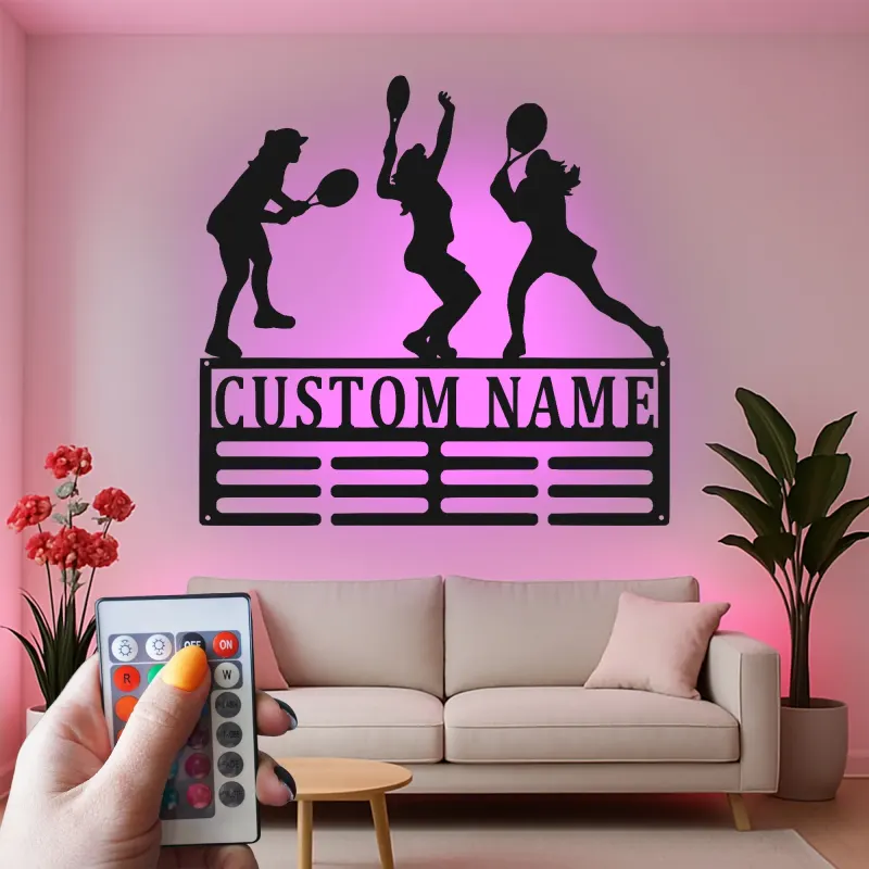 Cartel LED de jugadora de tenis personalizada | Arte mural de metal con nombre personalizado | Decoración deportiva femenina | Regalo para entrenador o atleta