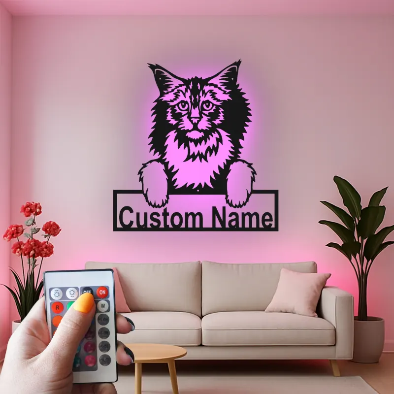 Décoration murale en métal personnalisée avec chat Maine Coon, rétroéclairage LED, cadeau pour amoureux des animaux, décoration de salon