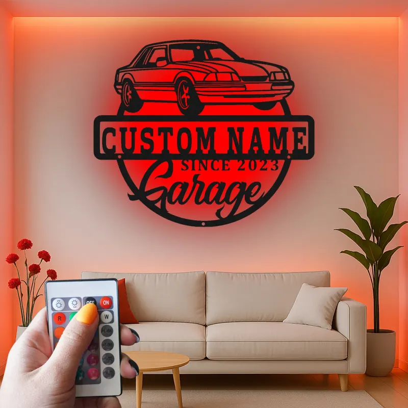 Insegna in metallo LED personalizzata per garage con auto - Regalo per appassionati di auto - Decorazione per pareti del garage 1