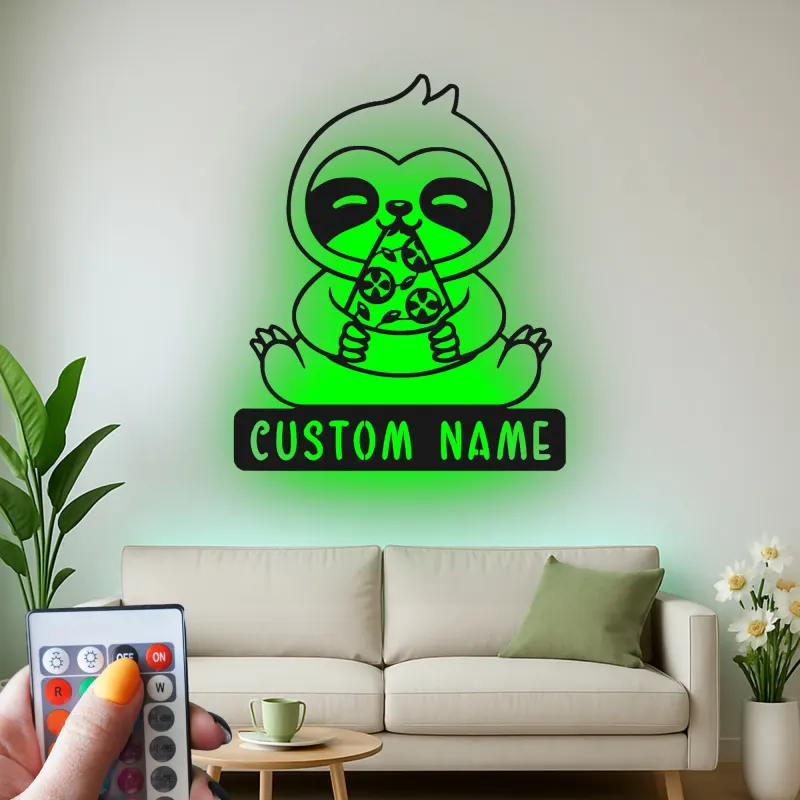 Décoration murale en métal personnalisée avec paresseux mangeant de la pizza et rétroéclairage LED - Cadeau amusant pour les amateurs de pizza