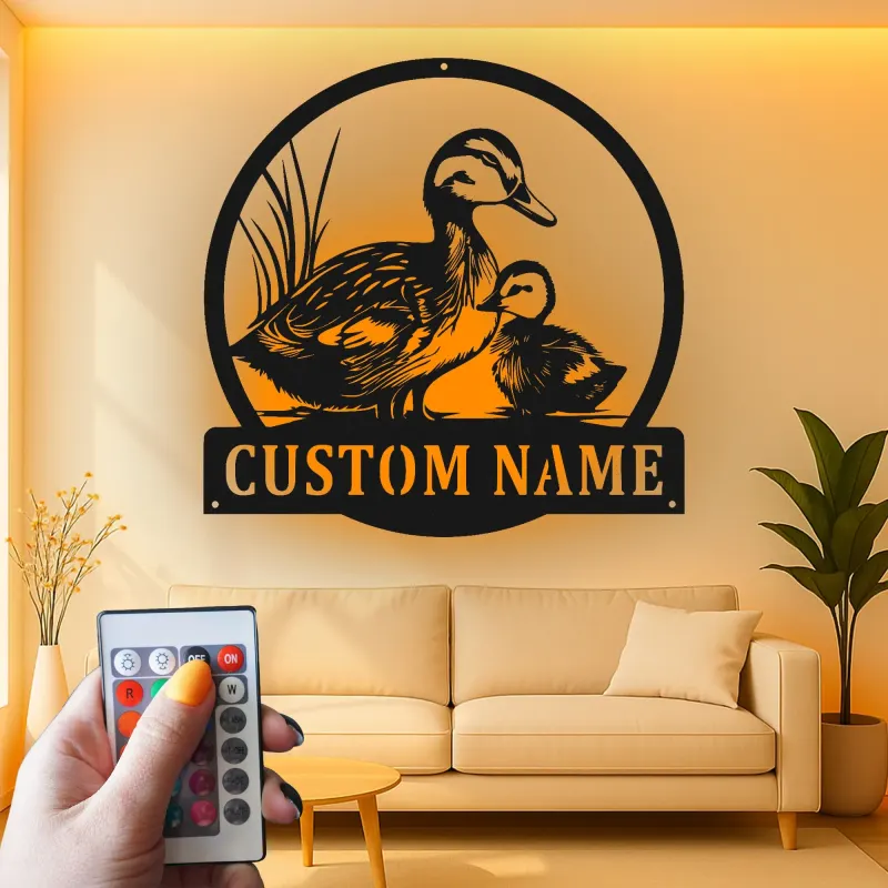 Custom Duck Family Led Light Metal Wall Art Personalized Nature Lover Gift Living Room Wildlife Decor