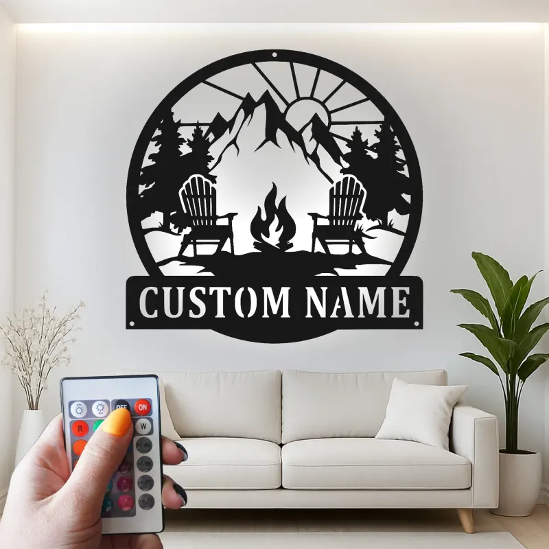 Cartel de metal LED personalizado de fogata de montaña regalo para amantes del aire libre decoración de cabaña o patio