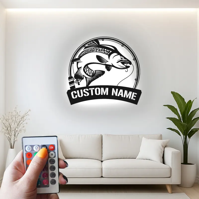 Panneau de pêche personnalisé avec LED | Décoration murale en métal sur mesure de bar | Déco prénom de pêcheur pour maison de lac et chalet