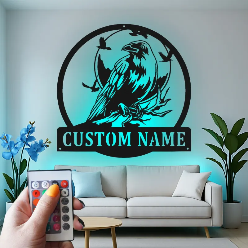 Cartel de metal LED con cuervo personalizado, regalo para amantes de las aves, decoración única para sala de estar
