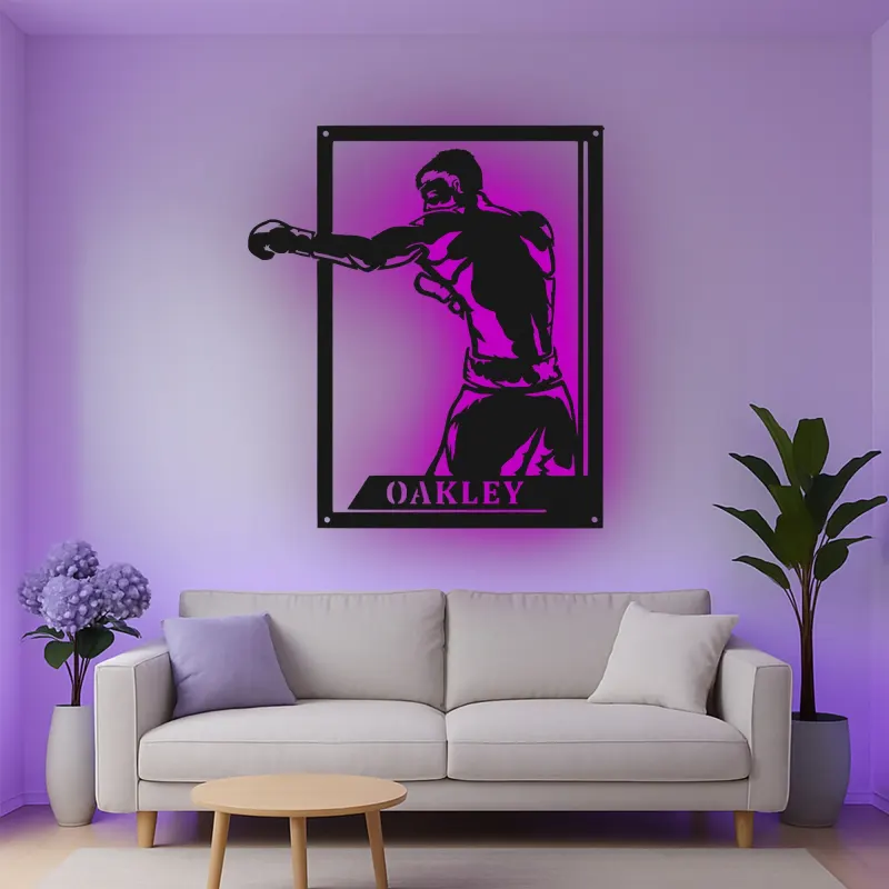 Insegna in metallo personalizzata con Boxer e luce LED regalo per appassionati di boxe decorazione per palestra o man cave 1