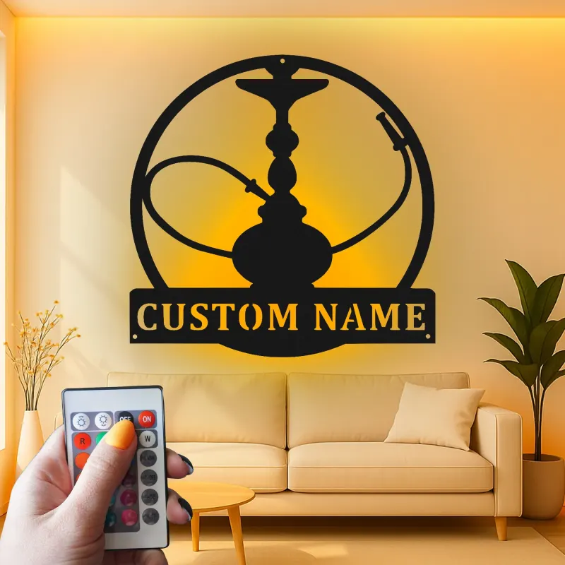 Insegna LED per Hookah Personalizzata | Decorazione per Lounge Shisha | Insegna in Metallo con Targhetta | Accento per Bar e Man Cave