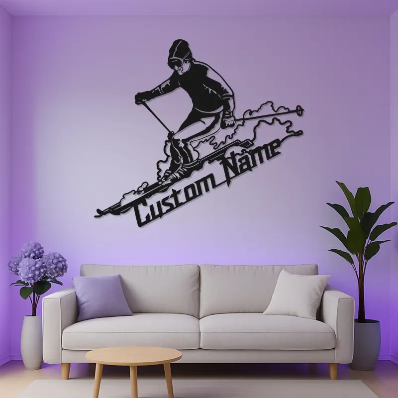 Custom Skier LED Metal Sign | Personalized Ski Lodge Decor | Illuminated Winter Sports Wall Art | Unique Athlete Gift