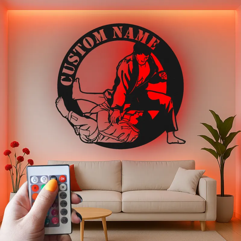 Panneau en métal LED BJJ personnalisé | Art mural de jiu-jitsu personnalisé | Décor de dojo d'arts martiaux | Cadeau de grappling pour lui