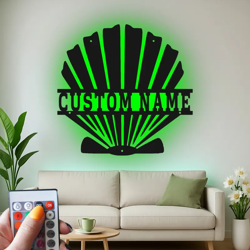 Décoration murale en métal en forme de coquillage | Panneau LED personnalisé pour décor côtier | Cadeau nautique inspiré de l'Art Déco pour maison de plage ou entreprise