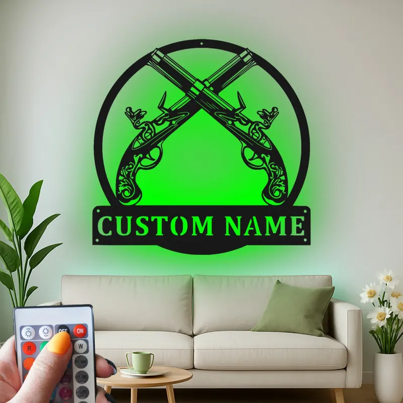 Décoration murale en métal personnalisée avec pistolets croisés et rétroéclairage LED - Cadeau pour les passionnés d'armes, décoration de cave à vin