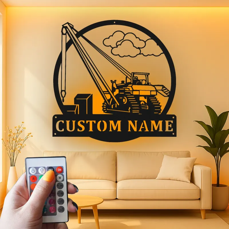 Personalisierte LED-Metall-Wandkunst mit Bagger – Geschenk für Bauprofis, Garage oder Werkstatt