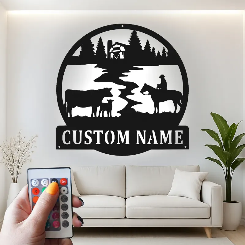 Cartel de metal LED con escena de rancho personalizado, regalo rústico para vaqueros, decoración de granja para amantes del rancho