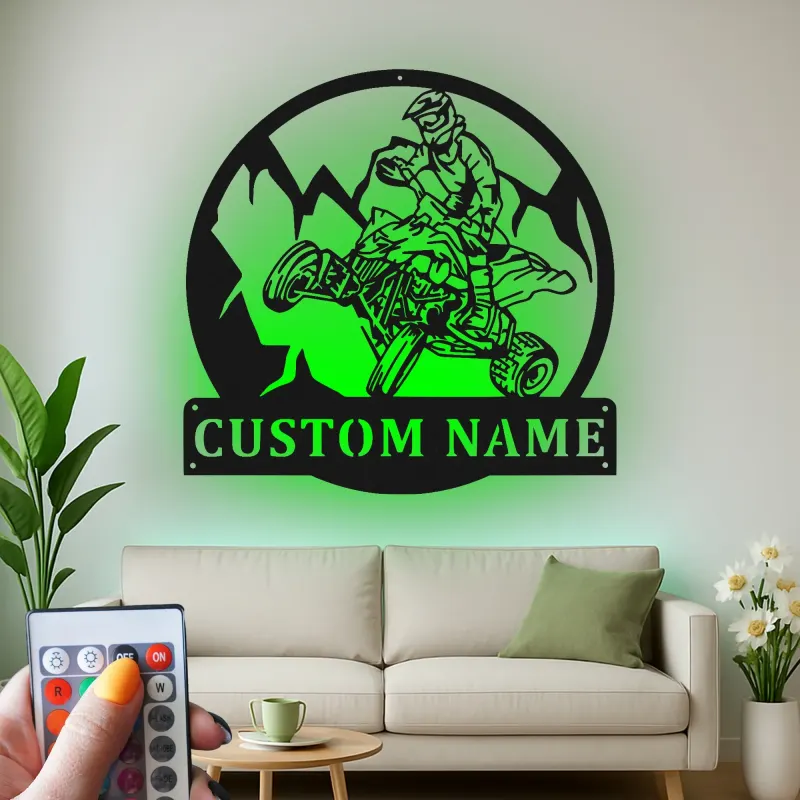Décoration murale en métal personnalisée pour conducteur d'ATV avec rétroéclairage LED - Cadeau d'aventure pour les passionnés de tout-terrain, décoration de garage ou de man cave