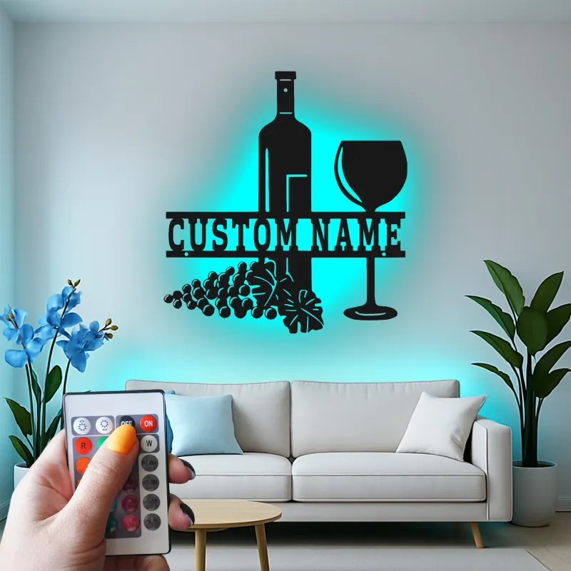 Décoration murale en métal personnalisée pour bouteille et verre de vin avec rétroéclairage LED - Cadeau personnalisé pour les amateurs de vin - Décor de cuisine ou de bar