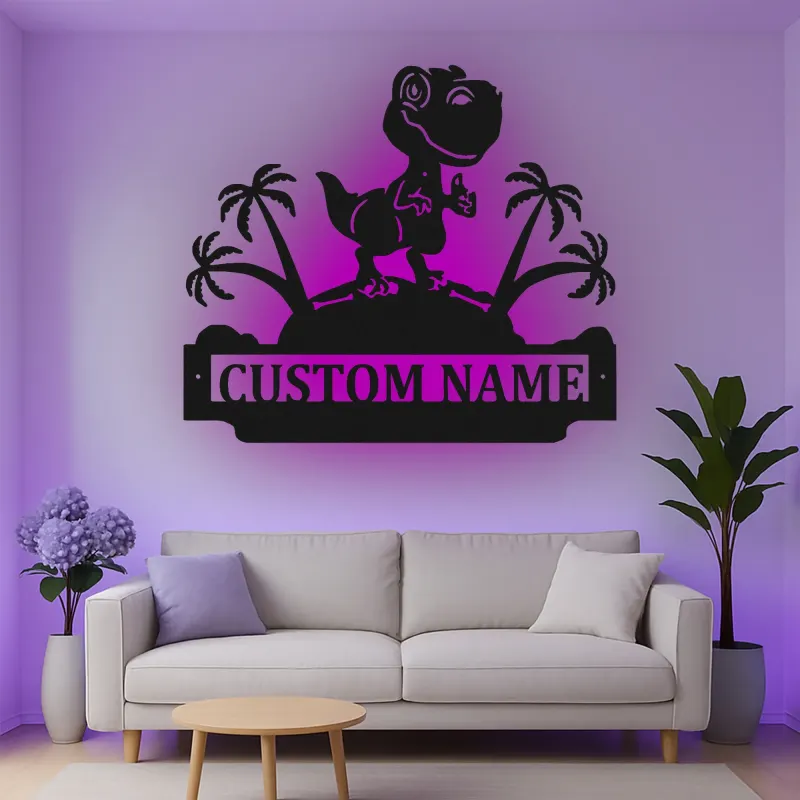 Cartel de metal LED de dinosaurio personalizado para regalo de habitación infantil, decoración de guardería con diseño de T-Rex
