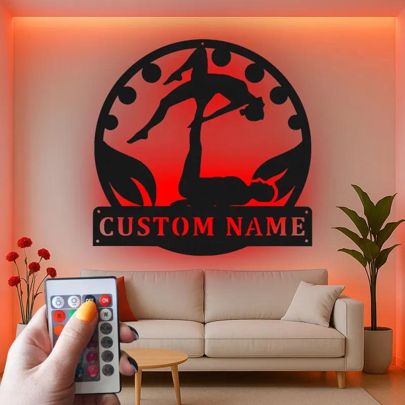 Décoration murale en métal LED personnalisée pour couple de yoga acrobatique - Cadeau unique pour les amoureux du yoga - Décor de chambre ou de studio