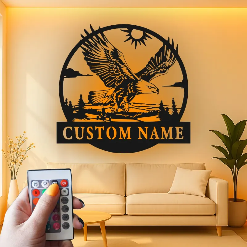 Décoration murale en métal LED personnalisée avec aigle - Cadeau pour les amoureux de la nature, décoration rustique pour le salon
