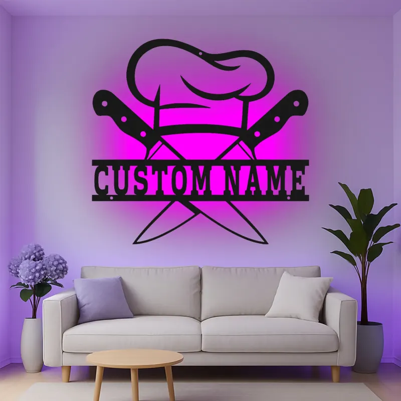 Décoration murale en métal personnalisée Chapeau de Chef et Couteaux avec rétroéclairage LED