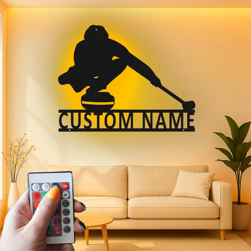 Décoration murale en métal personnalisée joueur de curling avec rétroéclairage LED Cadeau sportif pour les passionnés de curling Décor de salle de jeux 1